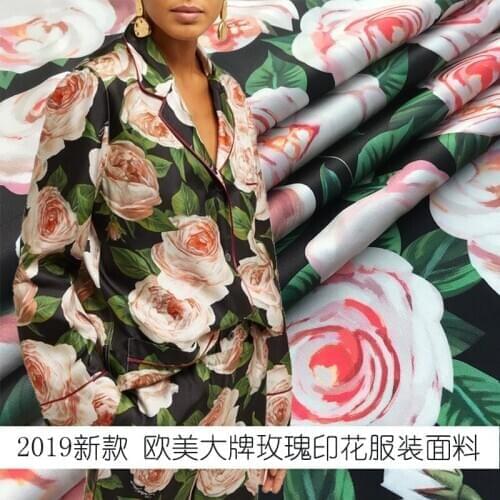 Rose printed polyester stretch satin fabric cloth 145 cm width fashion womens shirt dress children handmade DIY fabric