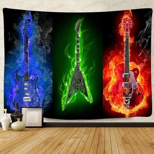 Fire Burning Eletric Guitar Tapestry Modern Musical Instruments Poster Hippie Art