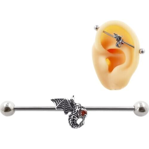 JHJT 316L Surgical Steell Industrial Barbell Bar Charizard Ear Ring Body Piercing Jewellery 14Gauge 38mm