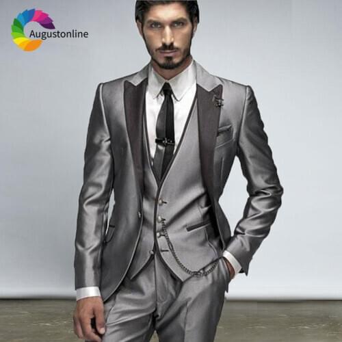 Italian Sliver Men Suits for Wedding Black Peak Lapel Slim Fit Groom Tuxedos 3Pieces Male Blazers Jacket Pants Vest
