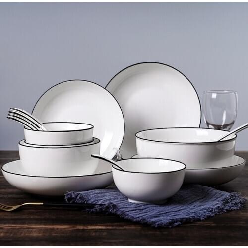 Black Border White Ceramic Plates And Bowls Simple Solid Rice Bowl Household Tableware Eco Friendly Cutlery Kitchen Accessories