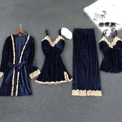 Autumn Women Velvet Pajamas Set Soft Keep Warm Sexy Sleepwear Polyester 4PCs Full Sleeve Strap Nightgown Bath Robe Lingerie Suit
