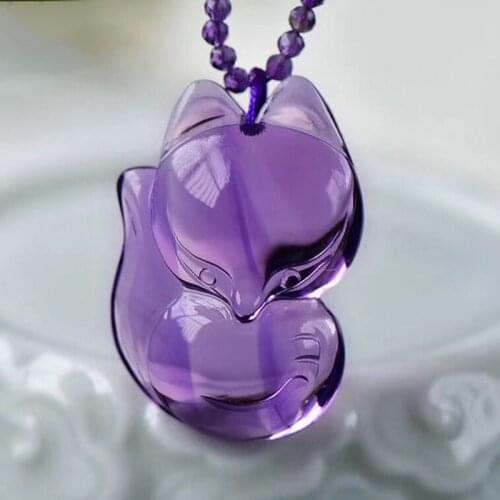 Fine Purple Natural Crystal Pendant Hand Carved Nine Tails Fox Pendants Necklace Luck for Women Help Marriage Fashion Jewelry