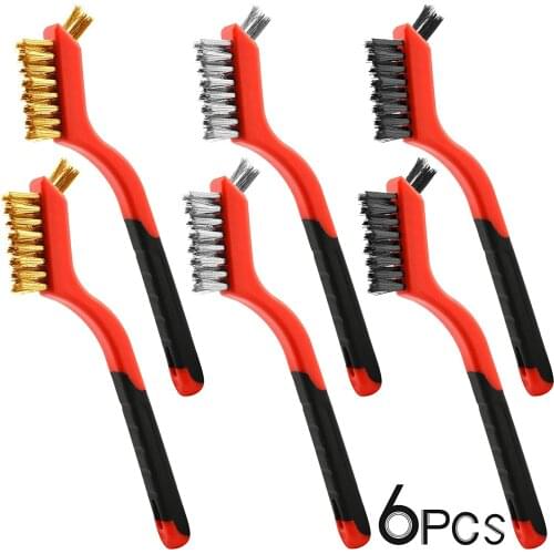 Wire brush set, 6 Brass / stainless steel / nylon wire brushes, for cleaning, with curved handle, for removing rust, dirt, paint