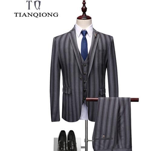 TIAN QIONG New 3 Pieces Stripe Suits Men Slim Fit Mens Suits Designers 2019 Black Grey Burgundy Groom Wedding Suit Formal Wear