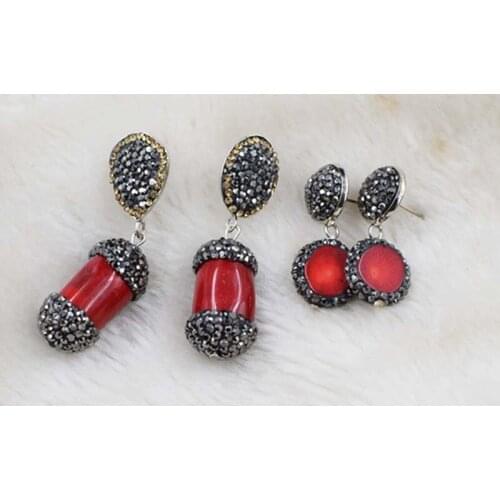 One pair red coral pillar and flat hook earrings wholesale beads FPPJ