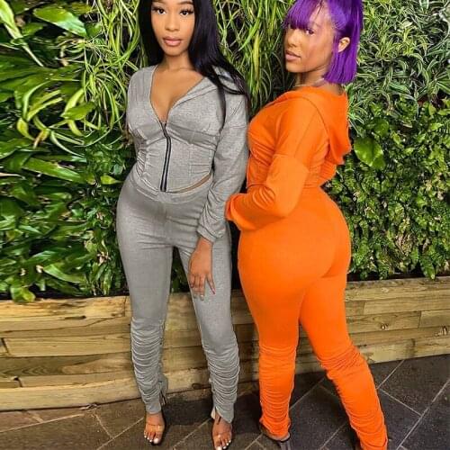 Solid Color Hooded Zipper Cardigan Long-Sleeved Pleated Trousers Fashion Sweater Set