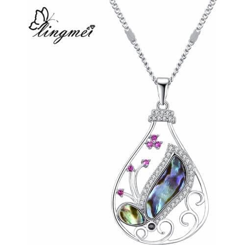Lingmei Fashion Abalone Shell Wedding Jewelry Multicolor Zircon Silver Color Pendant Necklace Chain Anniversary Dazzling