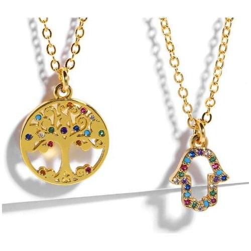 Tree hand palm multicolor micro pave cz zircon cubic zirconia necklace copper Clavicle gold plated Snake Chain Choker Pendant e6