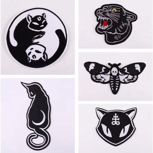 Punk Style Taichi Cats Black Cats Tiger Appliques Ghost Face Moth Patches Iron On Patches Sewing Skull Embroidery Badges