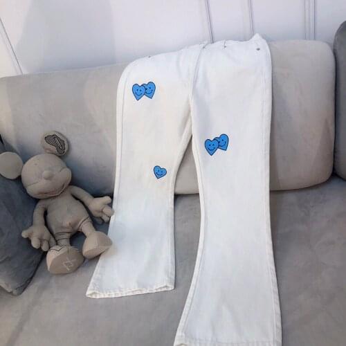 Early autumn new womens high waist jeans love printed trumpet pants are versatile, simple and generous