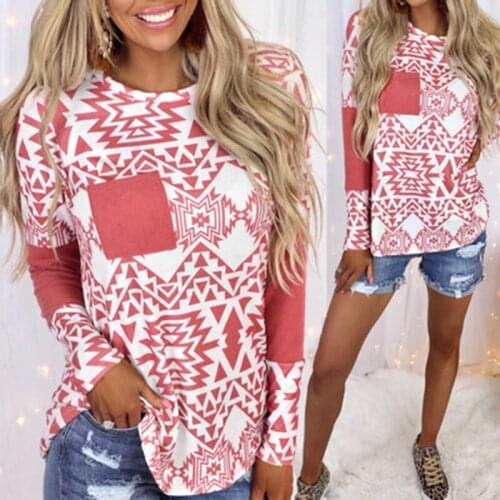 Spring And Summer New Women European And American Stitching Printing Long Sleeve Round Neck Pocket Casual Lady Top T-shirt For