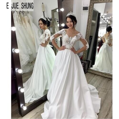 E JUE SHUNG Chic Long Sleeves Wedding Dresses Scoop Lace Appliques Vestido de noiva With Bow Sash Button Back robe de mariee