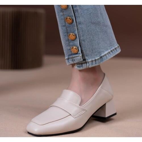 Single Shoes Women New Thick Heel Square Toe Loafers Casual All-match Womens Shoes British Style Small Leather Shoes High Heels