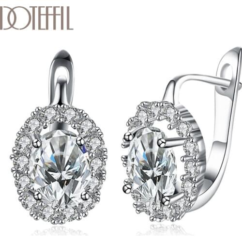 DOTEFFIL 925 Sterling Silver White/Green AAA Zircon Round Shape Earrings For Women Jewelry Fashion Wedding Party Gift