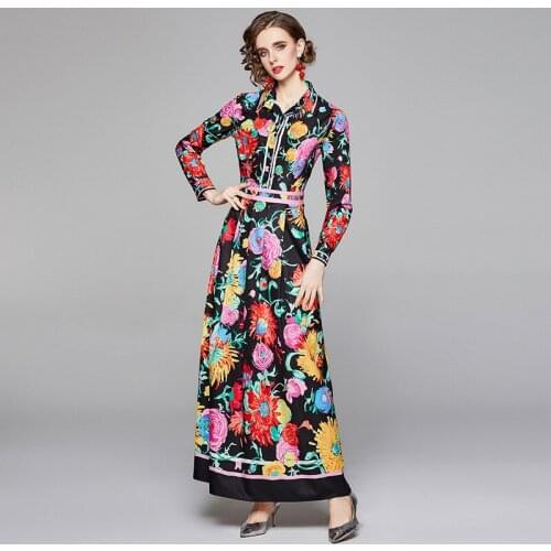 2021 New Spring Summer Autumn Long Sleeve Maxi Dresses Women Shirt Dress England Style Elegant Fashion Printed Party Dress