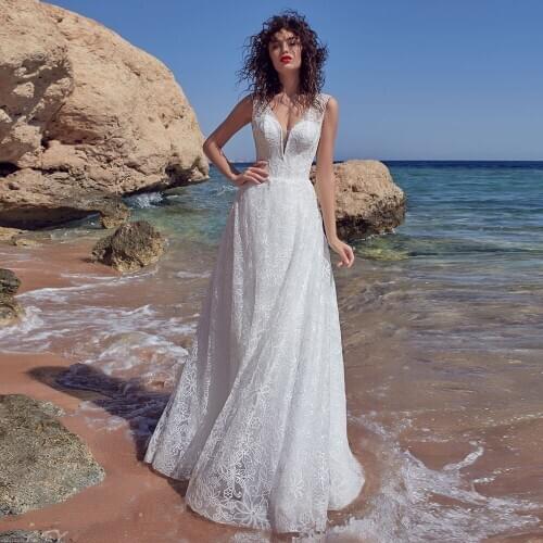 Elegant Boho Lace Tulle Wedding Dresses 2021 Sexy V-neck Sleeveless Backless Sweep Train Wedding Gonws Vestido de Novia