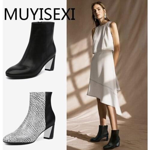 Autumn Boots For Women Ankle Zipper 6 cm High Heels Genuine Leather Shoes Black White Fashion Shoes HL135 MUYISEXI