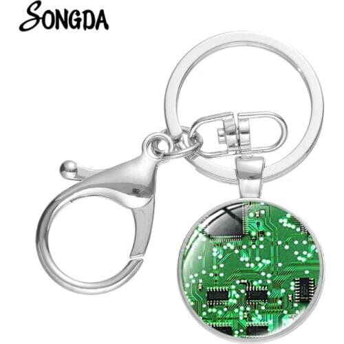 Computer Circuit Board Keychain Nerd Geek Gift Handmade Picture Glass Cabochon Pendant Key Ring Holder Car Key Chain Men Jewelry