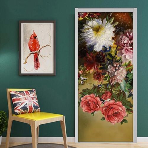 Floral Flower Door Stickers 3D Wallpaper Bedroom Living Room Door Poster Mural Self-adhesive Waterproof Home Decor Wall Decals