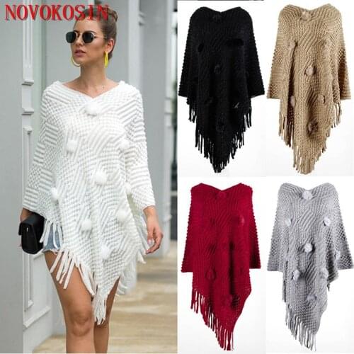 Women Batwing Sleeves Loose Poncho 2020 Winter Knitted V Neck Long Tassel Sweater Black White Faux Fur Ball Pullover Coat