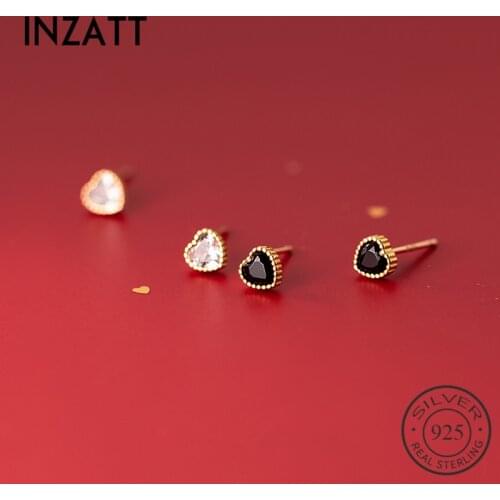INZATT Real 925 Sterling Silver Black Zircon Heart Stud Earrings For Fashion Women Minimalist Fine Jewelry Punk Accessories