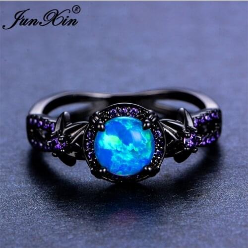 JUNXIN Female Blue Fire Opal Ring Brand Fashion Purple Zircon Ring Black Gold Filled Jewelry Vintage Wedding Rings For Women