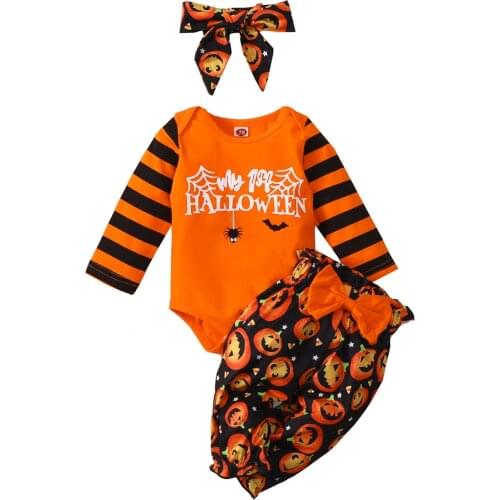 Infant Baby Girl’s Tops and Trousers Suit Fashion Letter Romper and Pumpkin Print Long Pants with Headband