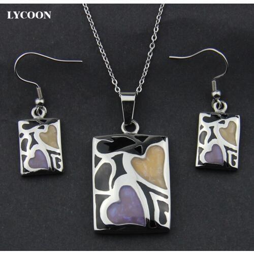 LYCOON newest stainless steel heart style with purple grey resin pendant necklace enamel earrings jewelry set for women LYS008
