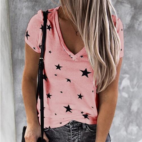 2020 Women Fashion Stars Printed T Shirt Ladies Sexy V- Neck T Shirt Female Casual Slim Tops New Women For Female