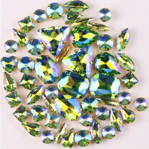 Gold claw setting 50pcs/bag 11 shapes mix Peridot AB glass crystal sew on rhinestone Crystals wedding dress shoes bags diy