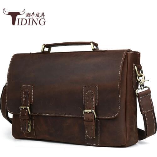 2017 new Vintage Crazy Horse Briefcases Men Genuine Leather Messenger Bags 14" Laptop Handbags Cow Leather Business Bag Russian