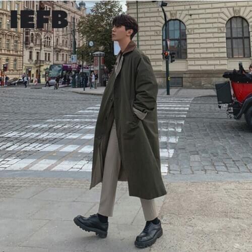 IEFB 2021 spring new Korean loose windbreaker color block Lapel mens mid length trend coat for male fashion loose clothes Y4560