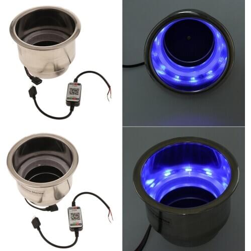New (2x) Stainless Steel Cup Drink Holder W/ 3LED Blue Light Car Boat Marine