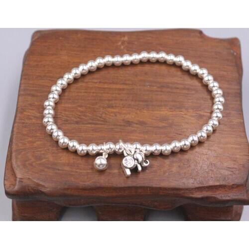 New Pure Solid 925 Sterling Bracelet Elephant And Ball 4mm Beads Link Chain Bracelet 16-20cm