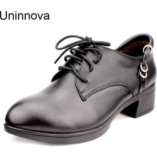 Women Pumps Stable Comfortable Business Med Heel Genuine Leather Round Toe Hoof Heel Anti-slip Rubber Sole Uninnova Shoes WP124