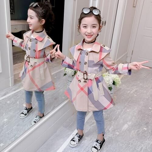 Girls spring long trench coat Girl fashion plaid print coat Girls' mid-length casual jacket Girl windproof long trench coat