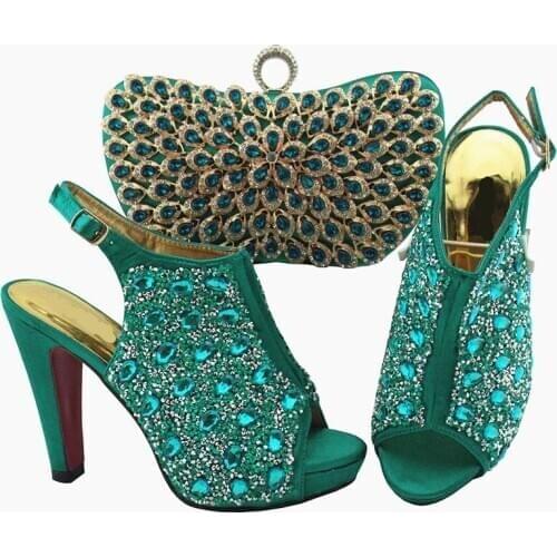 High quality teal women pumps and bag set with colorful crystal decoration african shoes match purse for dress QSL005,heel 12CM