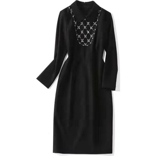 European and American womens wear new autumn 2022 Long sleeve nail bead For drill collar Fashionable slim dress