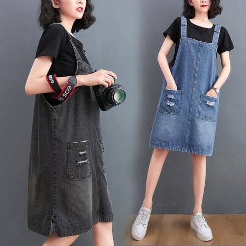 #2462Black Blue Denim Overalls Dress Women Sleeveless Straight Jeans Dress Female Loose Casual Spaghetti Strap Dress Knee-length