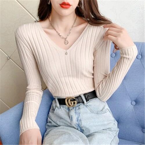 Spring Autumn Cotton Womens Sweater V-Neck Long Sleeve Pullover Knitted Solid Loose Fashion Vintage Sweater
