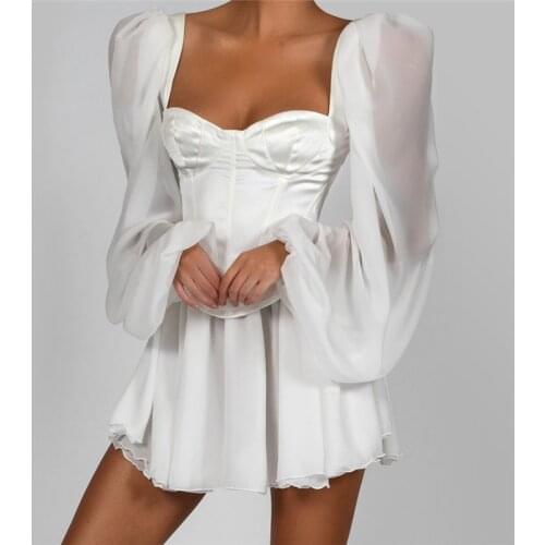 Autumn White Womens Dress Sexy Square Collar Lantern Sleeve Sexy Backless Celebrity Party Dress Club Fashion Evening Party