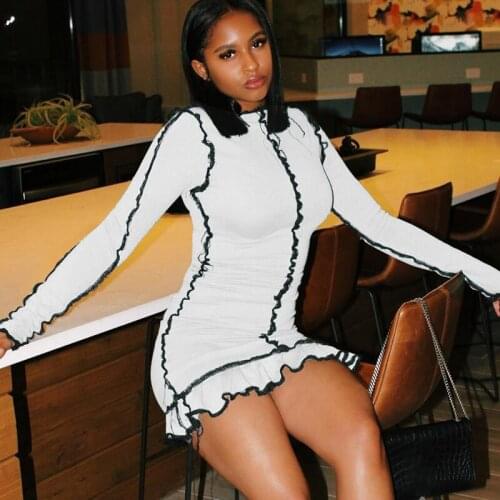 Women Casual Dress 2021 Autumn Patchwork O Neck Pleated Long Sleeve Bodycon Mini Dress Sexy Clubwear Skinny Party Women Dress