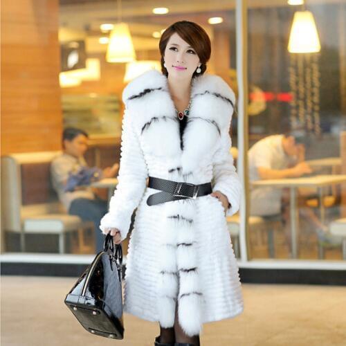 2019 Lady Real Sheared Rabbit Fur Coat Jacket Fox Fur Collar Winter Genuine Women Fur Slim Outerwear Coats Garment