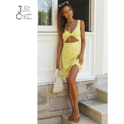 Justchicc Hollow Out V-neck Floral Summer Dress For Women Backless Bohemian Mini Dresses Printing Holiday Beach Vestidos 2021