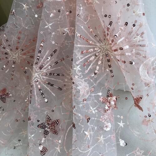 Sparkle Stars Moon Sequins lace fabric Soft tulle Lace Fabric For Bridal Evening Show Dresses Sewing Craft Garment 1 yard