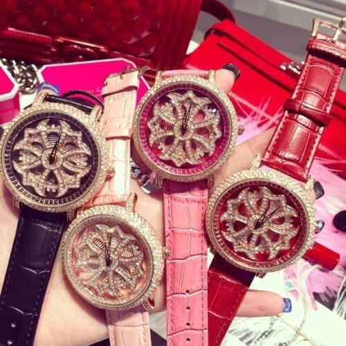 2020 New Women Watches Lady Shining Rotation Dress Watch Big Diamond Stone Wristwatch Lady Genuine Leather Watch Gift for Girls