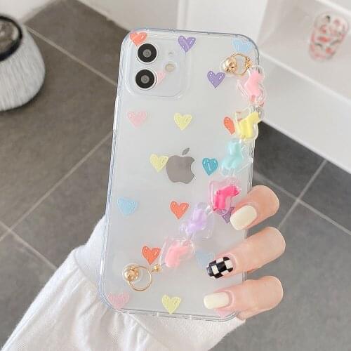 Wrist Chain Case for iPhone 12 Pro 7 8 Plus XR XS Max Transparent Cases Cute Love Heart Chain Hanging Case for iPhone 11 SE 2020