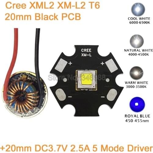 CREE XML2 XM-L2 T6 10W Cool White Neutral White Warm White High Power LED Emitter 20mm Black PCB+ 12V Input 20mm 5 Modes Driver