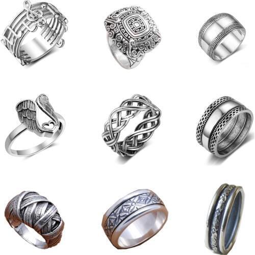 FDLK 31 Types of Retro Copper Rings Double Laces Vintage Wave / Flower / Butterfly Rings for Women Wedding Silver Color Jewelry